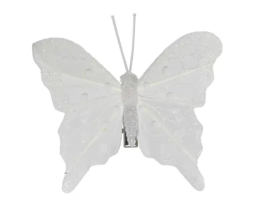 Butterfly Feather Plastic Bead On Clip Winter White 4pk