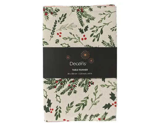 Cotton Rectangular Misletoe And Holly Leaf Tablerunner