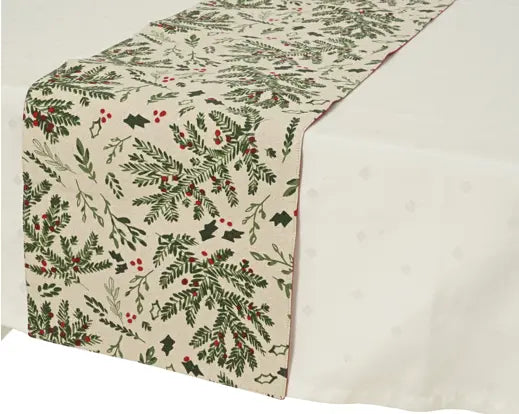 Cotton Rectangular Misletoe And Holly Leaf Tablerunner