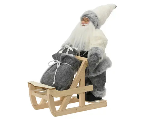 Decoris Whtie & Grey Santa on Wooden Sleigh 35cm