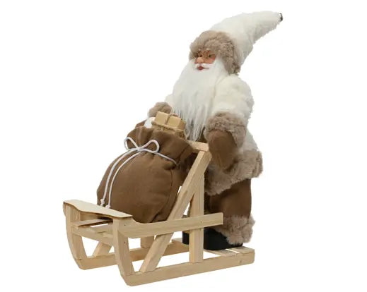 Decoris White Santa on Wooden Sleigh 35cm