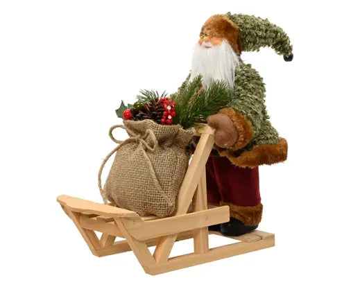 Decoris Moss Green Santa on Wooden Sleigh 32cm
