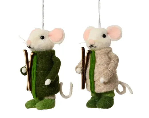 Decoris Hanging Wool Mouse with Wooden Ski Single Assorted 5cm