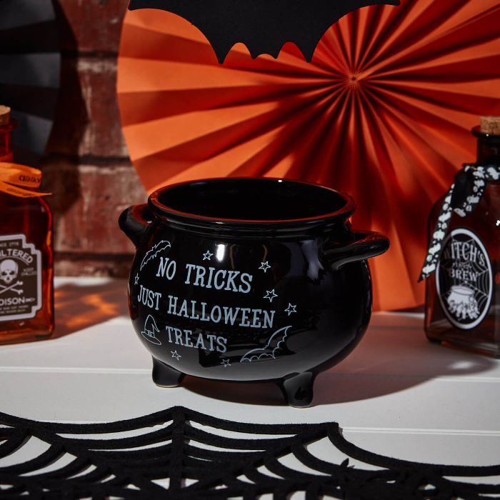 Halloween Treat Holder Cauldron Black Ceramic With White Quote