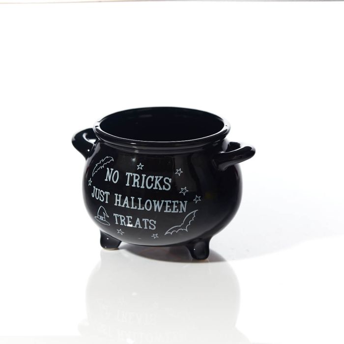Halloween Treat Holder Cauldron Black Ceramic With White Quote