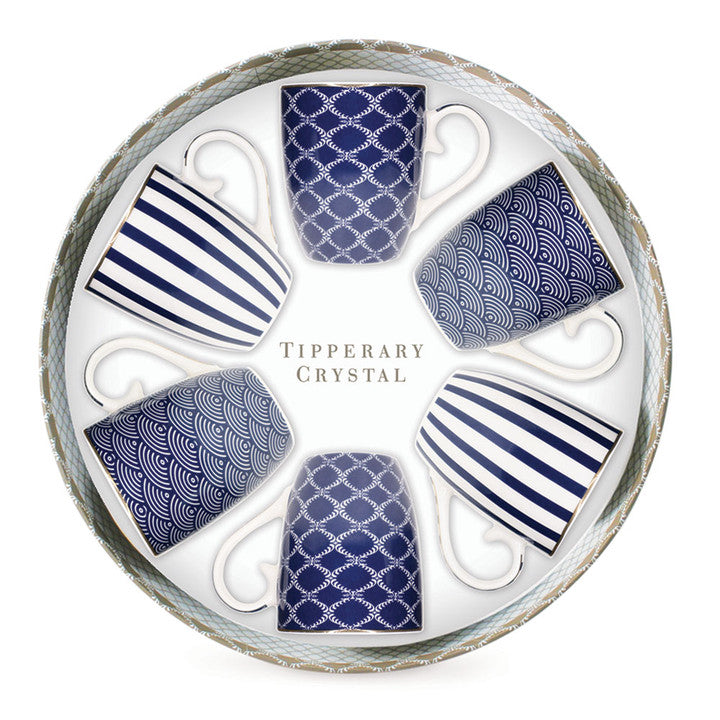 Tipperary Set of 6 Bone China Mugs - Blue Stripe, Net & Rainbow