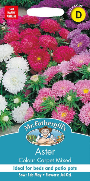Mr. Fothergill's Aster Colour Carpet Mixed seed packet with colorful flowers on a white background