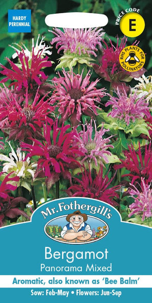Mr. Fothergill's Bergamot Panorama Mixed seed packet with plant image and text.