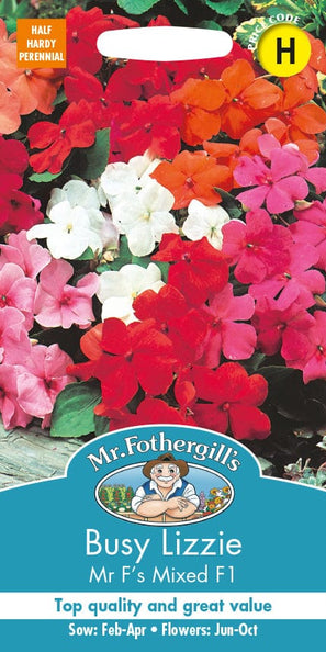 Mr. Fothergill's Busy Lizzie seed packet with colorful flowers and branding details.