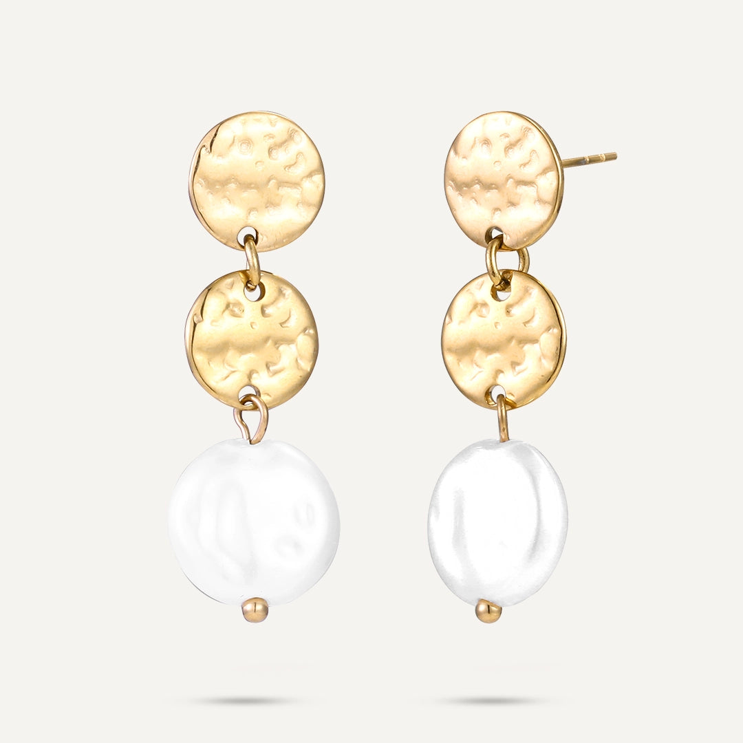 D&X London Gold Hammered Circle Drop Earrings With Pearl