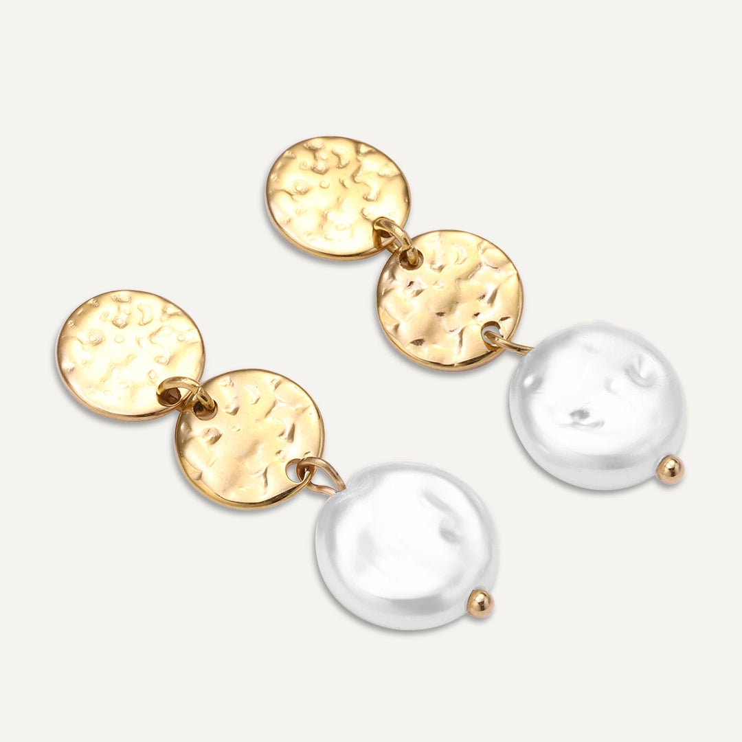 D&X London Gold Hammered Circle Drop Earrings With Pearl