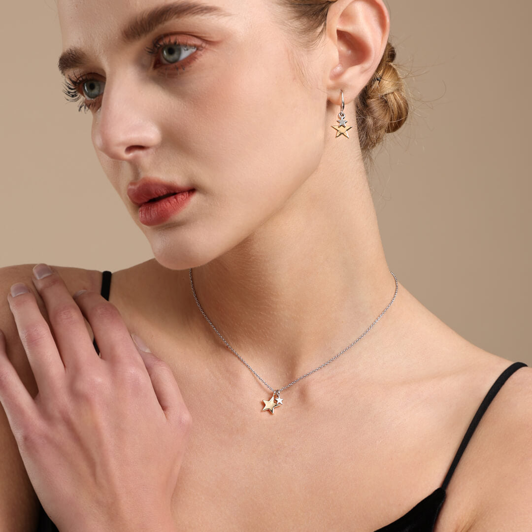 D&X London Keira Mixed Star Duo Necklace In Silver & Gold-Tone