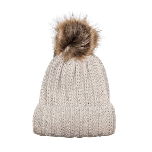 Aran Fisherman Stitch Fur Pom Hat - Oatmeal/Natural