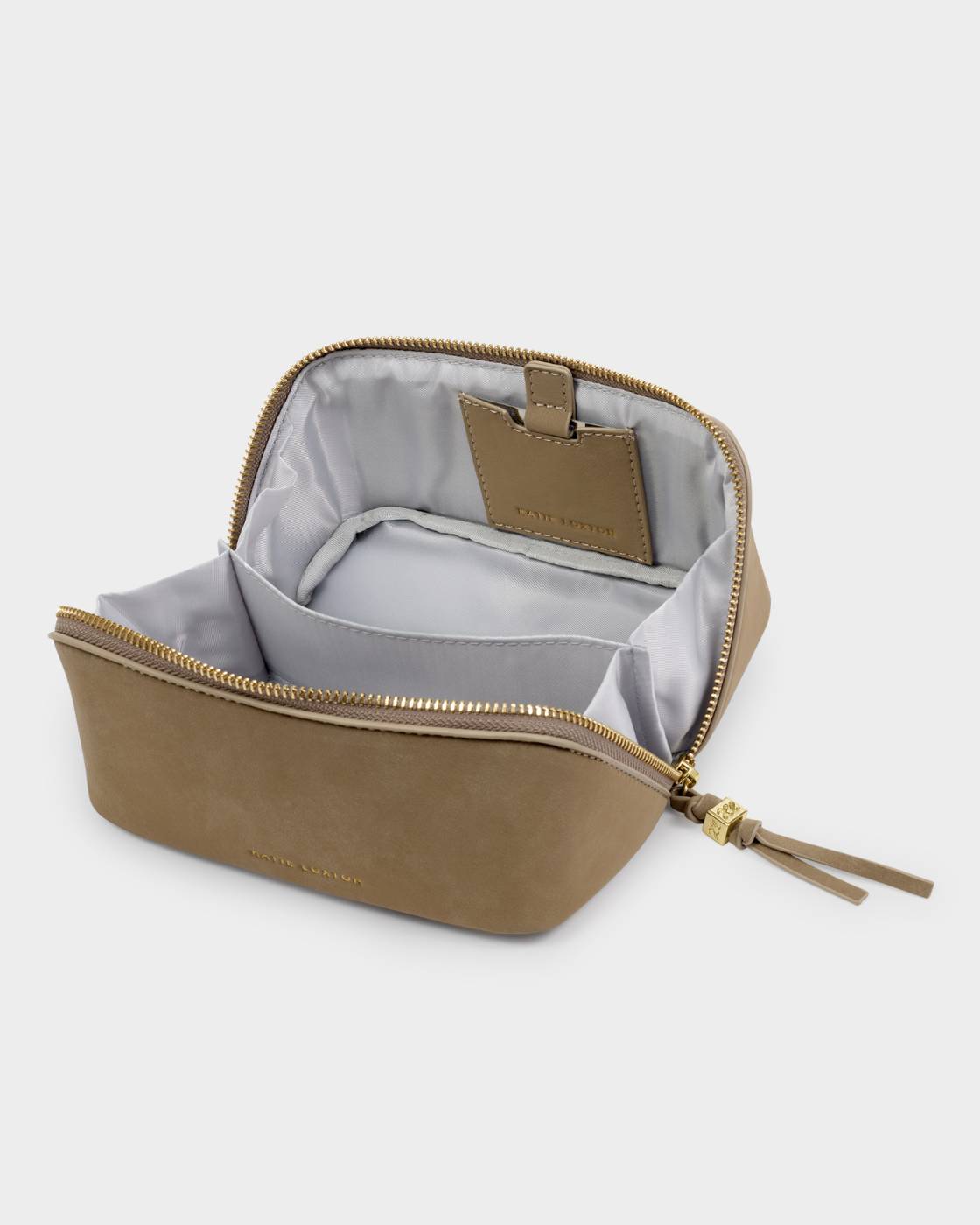 Open beige cosmetic bag with gray interior on a white background