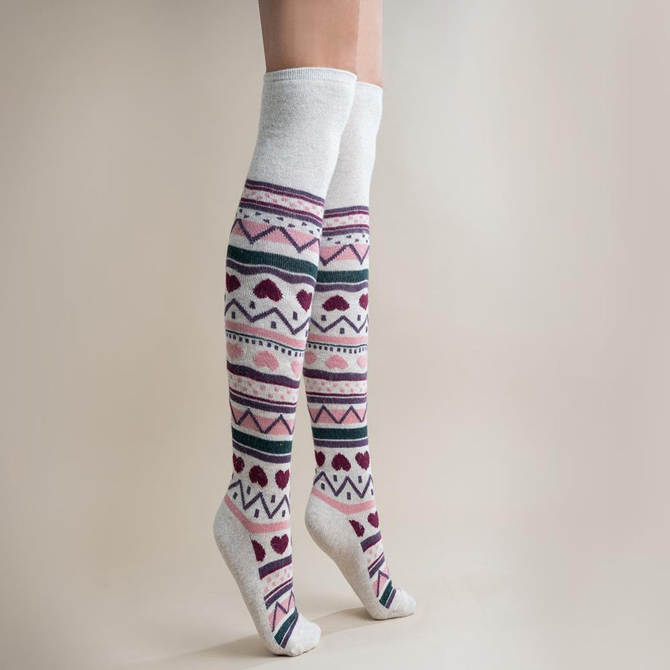 Gemjar Cream Patterned Over The Knee Socks With Hearts