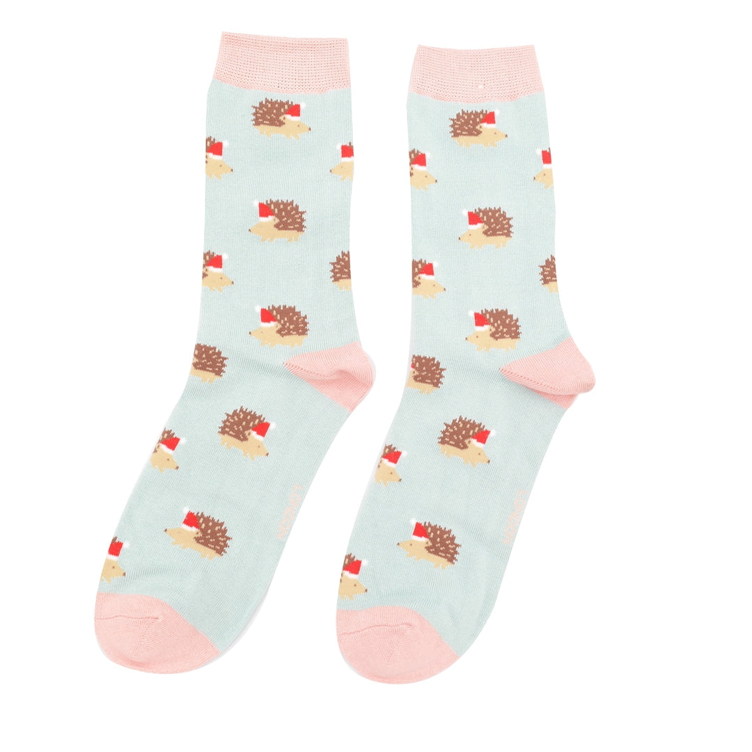 Festive Hedgehogs Socks Duck Egg