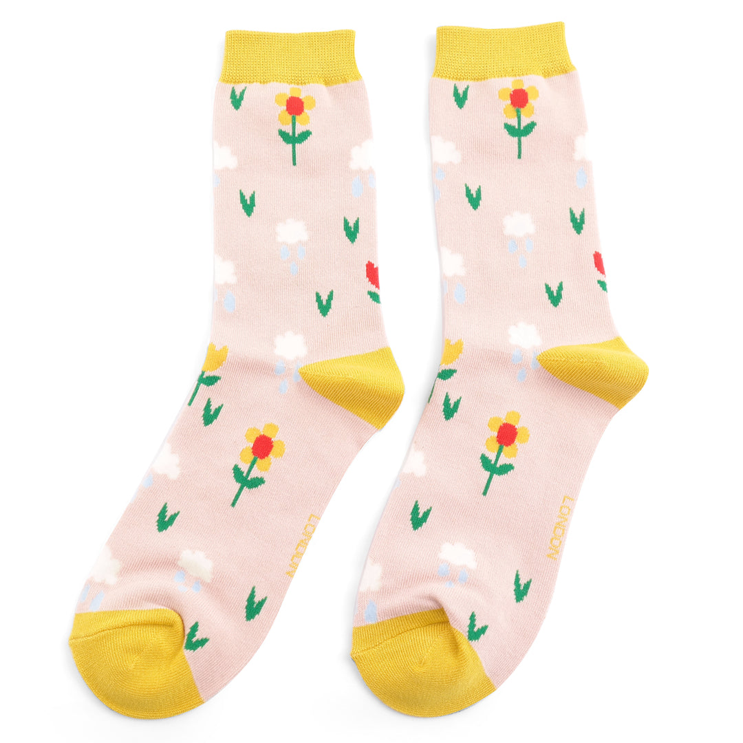 Miss Sparrow Rainclouds & Flowers Socks Light Pink