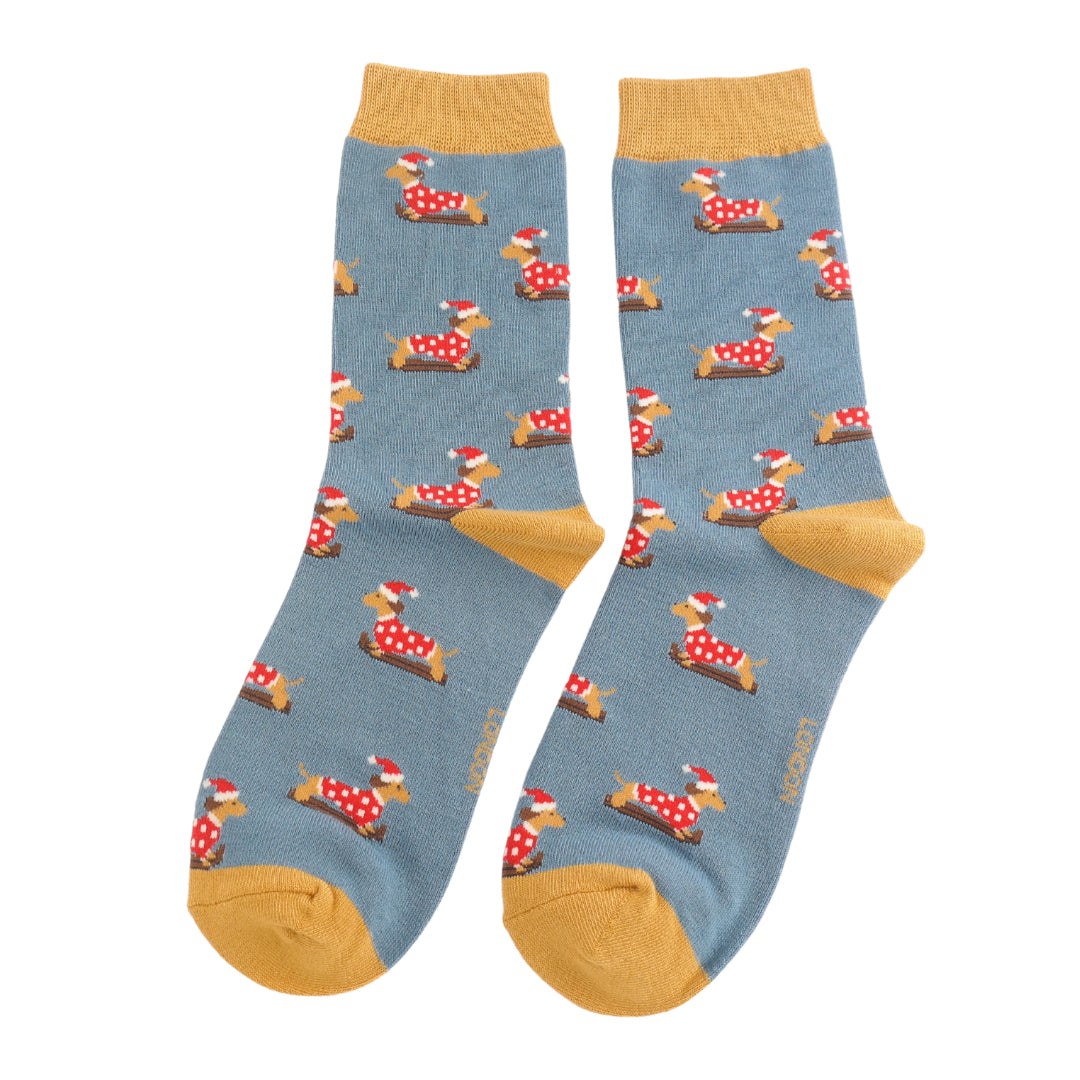 Miss Sparrow Skiing Sausage Dogs Socks Denim