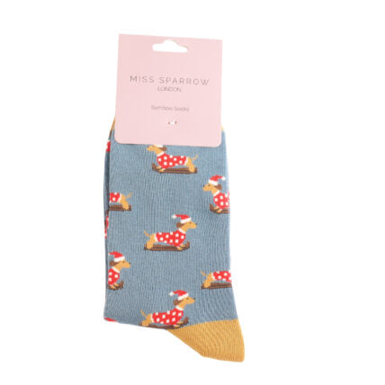 Miss Sparrow Skiing Sausage Dogs Socks Denim