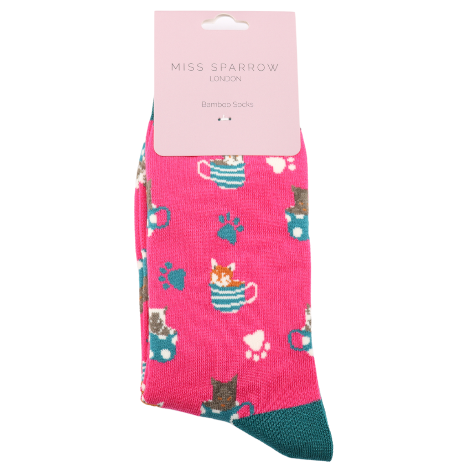 Miss Sparrow Cats in Teacups Hot Pink