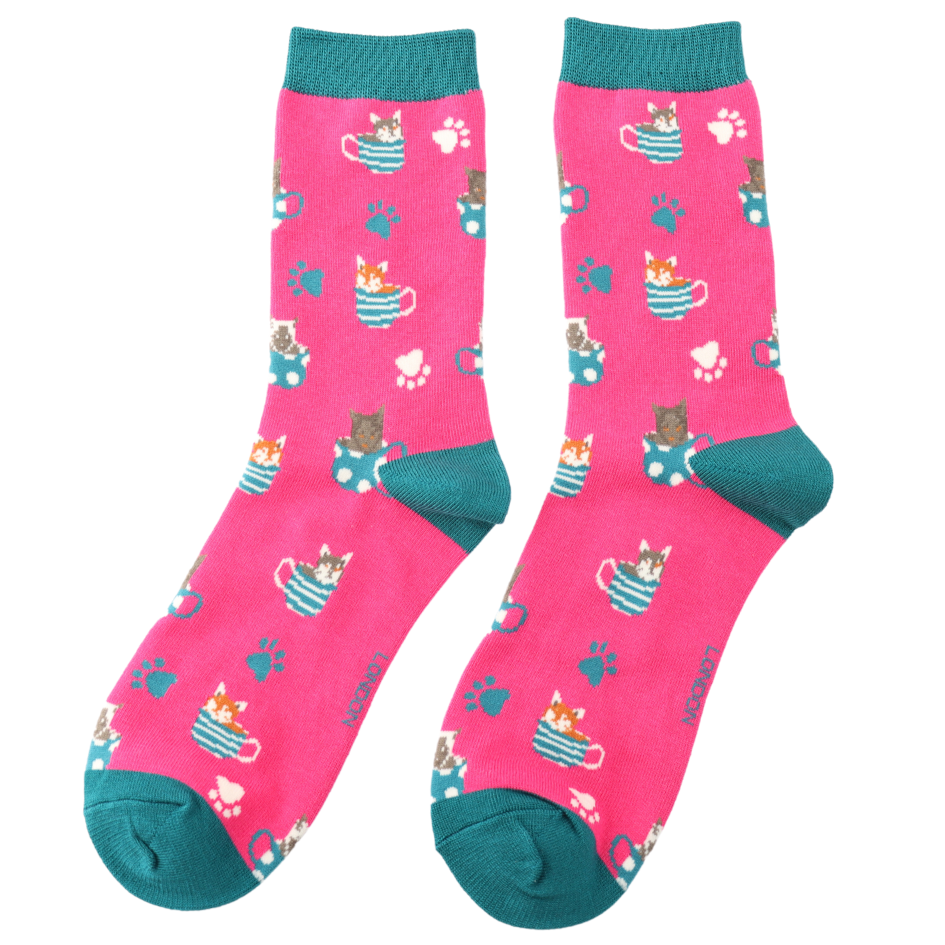 Miss Sparrow Cats in Teacups Hot Pink