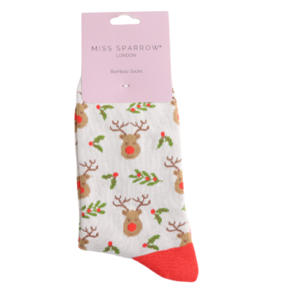 Miss Sparrow Reindeer & Holly Socks Silver