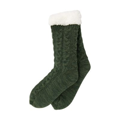 Aran Cable Fleece Lined Slipper Sock - Dark Green