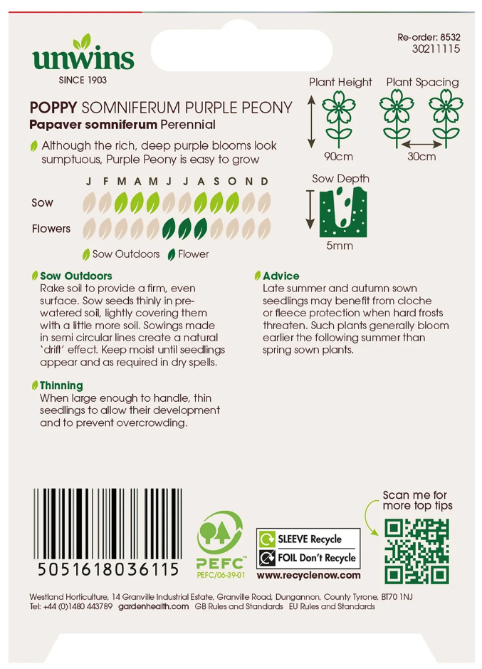 Unwins Poppy Somniferum Purple Peony Seeds