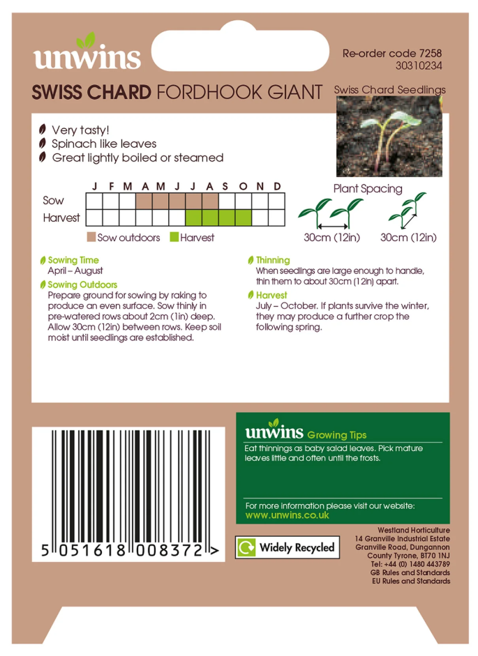 Unwins Swiss Chard Fordhook Giant Seeds