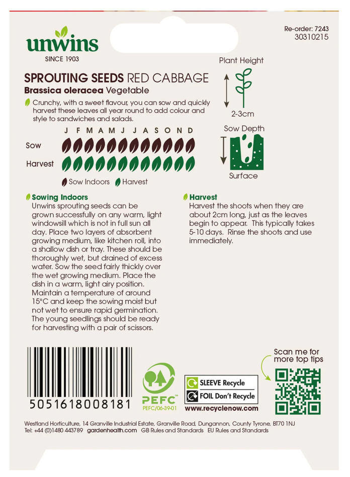 Unwins Sprouting Seeds Red Cabbage Seeds