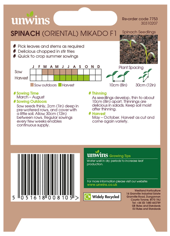 Unwins Oriental Spinach Mikado F1 Seeds