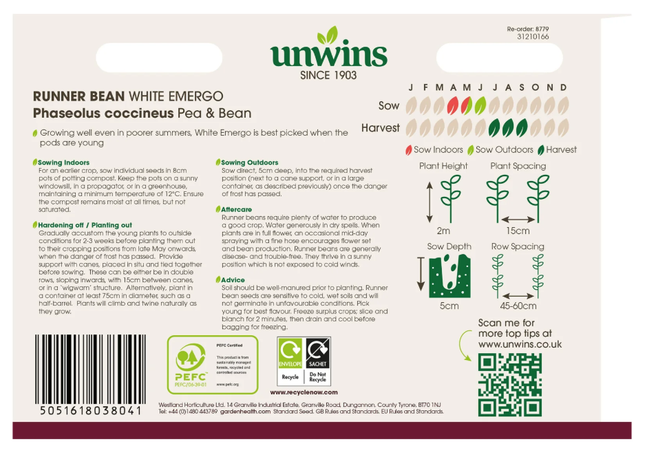 Unwins Runner Bean White Emergo Seeds