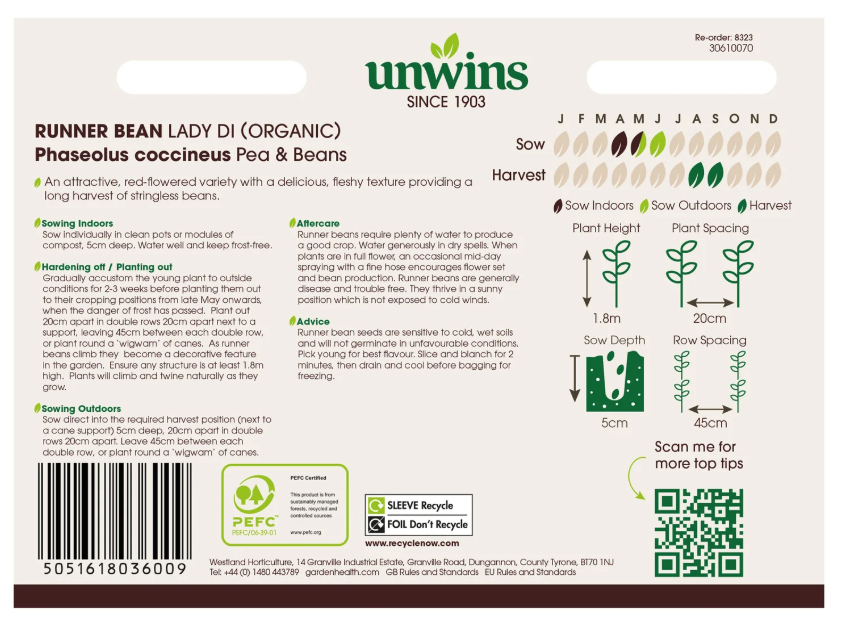 Unwins Organic Runner Bean Lady Di Seeds