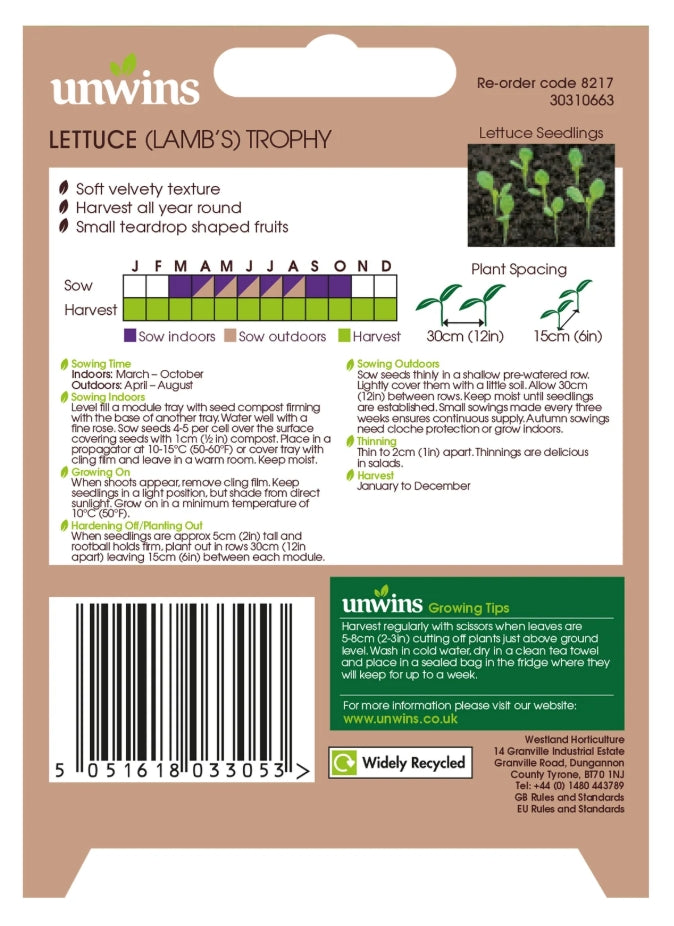Unwins Lamb's Leaves Lettuce Trophy Seeds