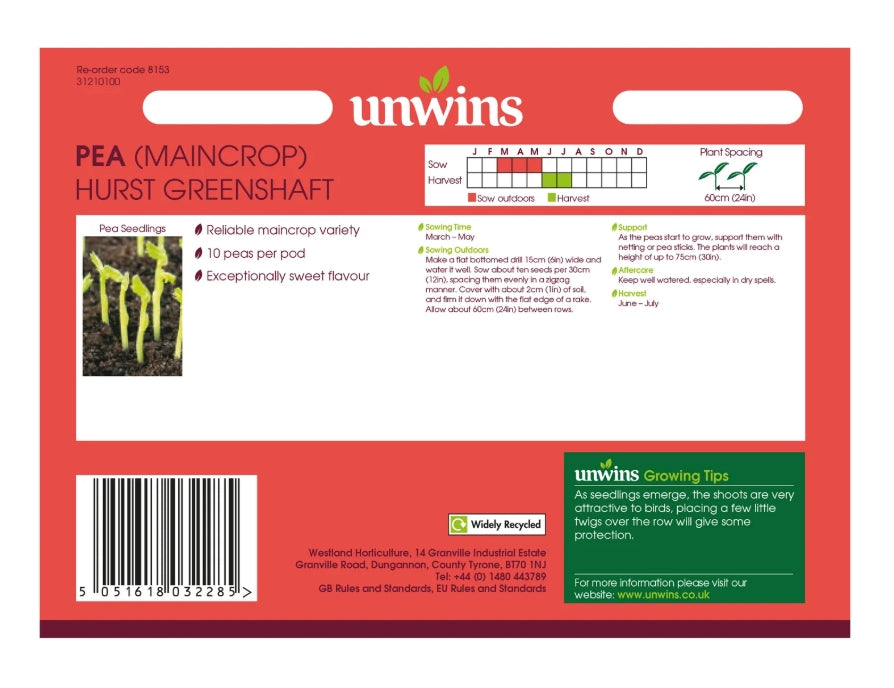 Unwins Maincrop Pea Hurst Greenshaft Seeds