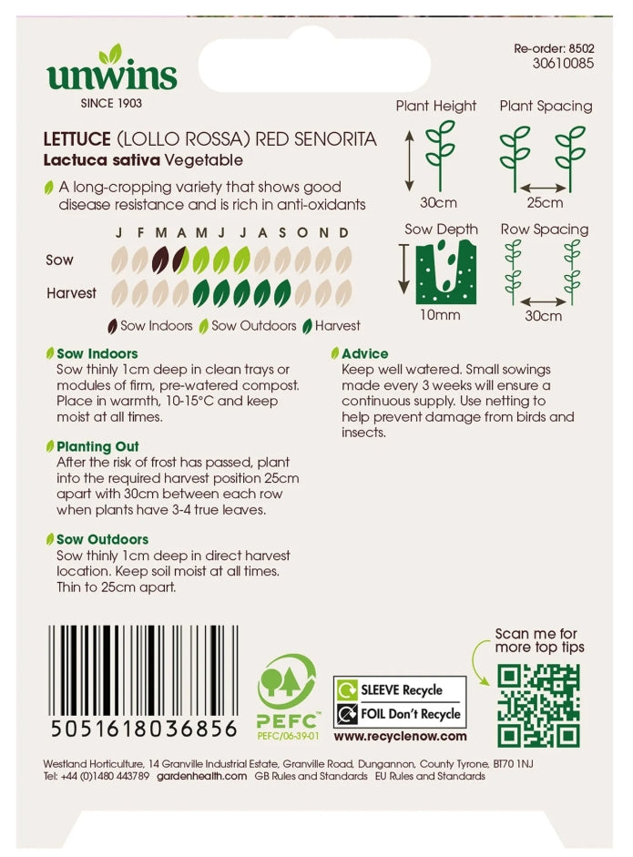Unwins Organic Lollo Rossa Lettuce Red Senorita Seeds