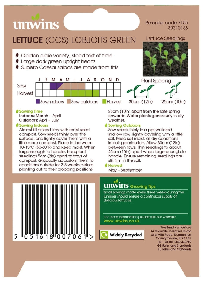 Unwins Cos Lettuce Lobjoits Green Seeds