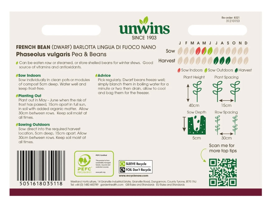 Unwins Dwarf French Bean Barlotta Lingua di Fuoco Nano Seeds