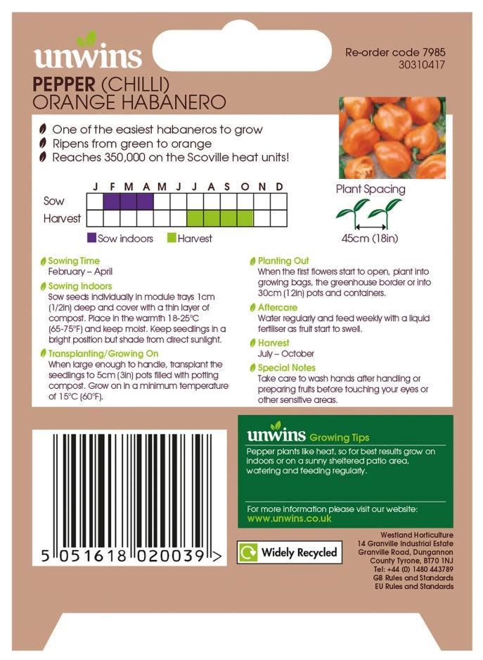 Unwins Chilli Pepper Orange Habanero Seeds