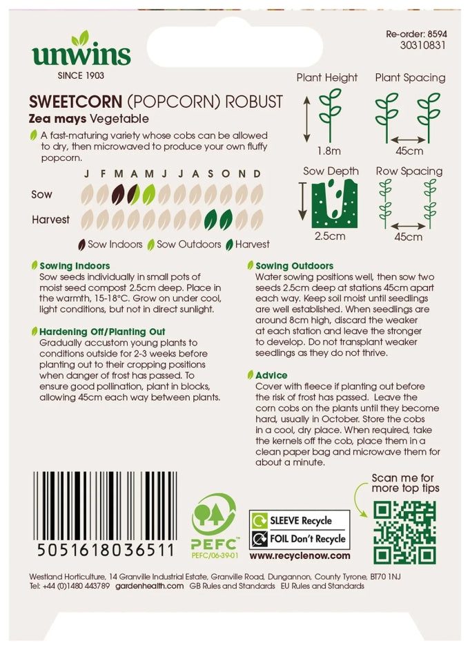 Unwins Popcorn Sweetcorn Robust Seeds