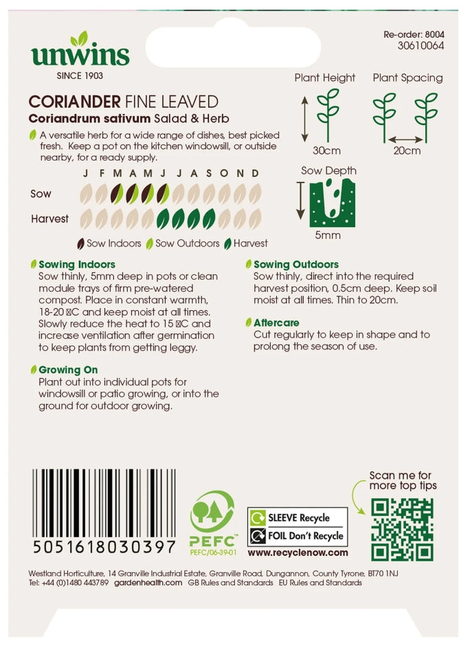 Unwins Organic Coriander Fine Leaved Seeds