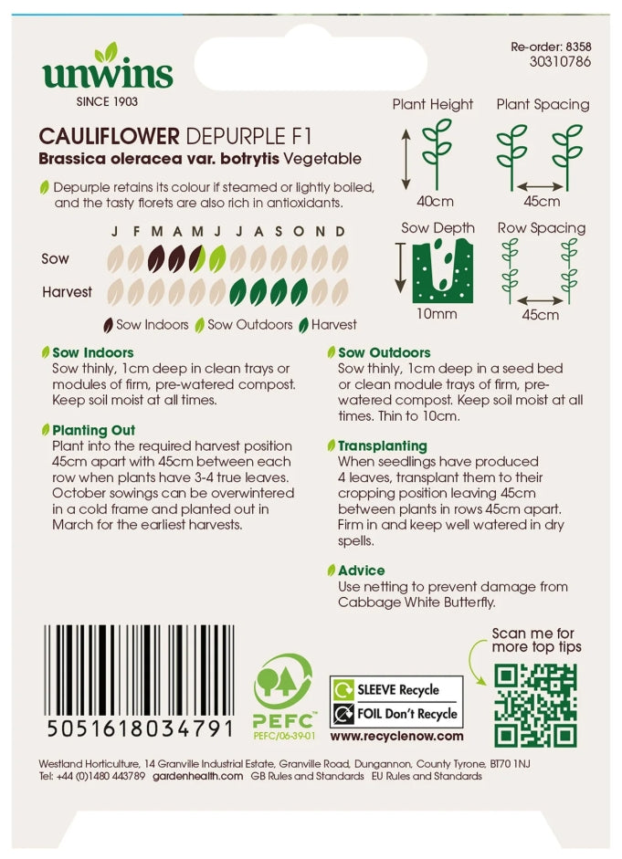 Unwins Cauliflower Depurple F1 Seeds