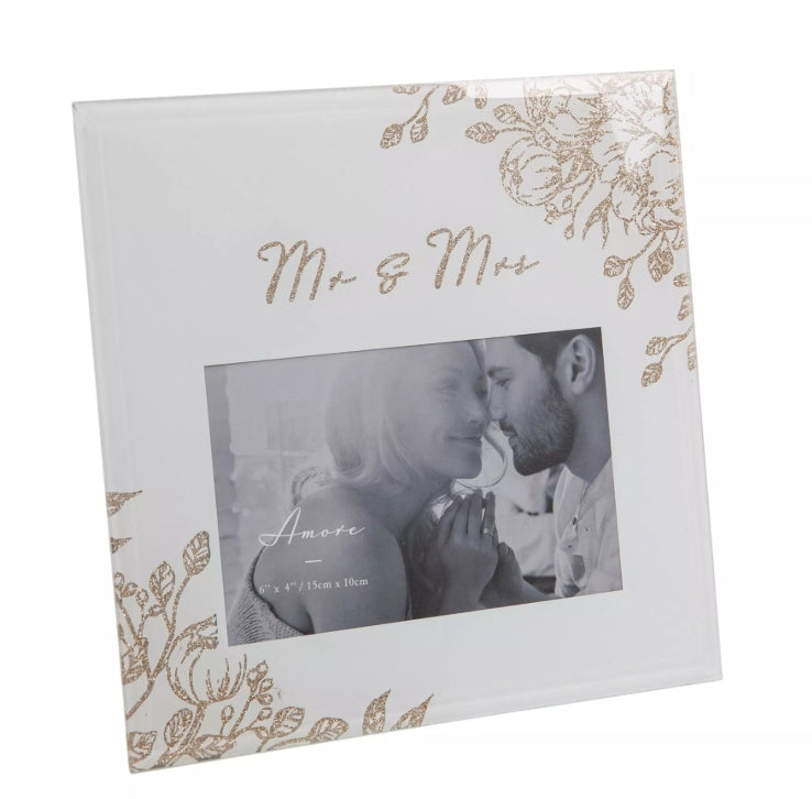 Amore Mr & Mrs Pale Grey Glass Gold Floral Frame 4 x 6