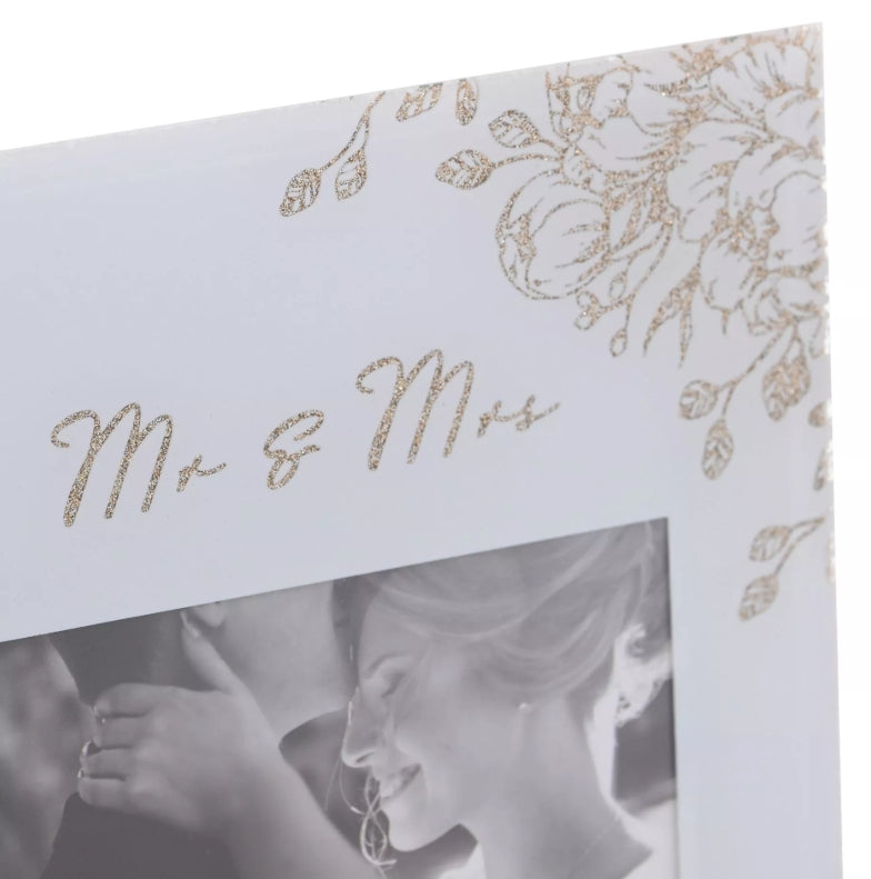 Amore Mr & Mrs Pale Grey Glass Gold Floral Frame 4 x 6