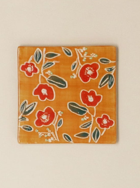 Gisela Graham Orange Floral Stoneware Square Coaster