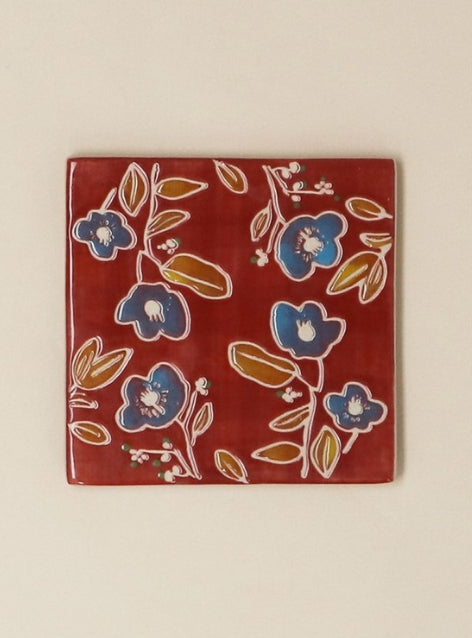 Gisela Graham Burgundy Floral Stoneware Square Coaster