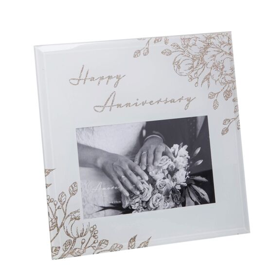 Amore Happy Anniversary White Glass Gold Floral Frame 6" x 4"