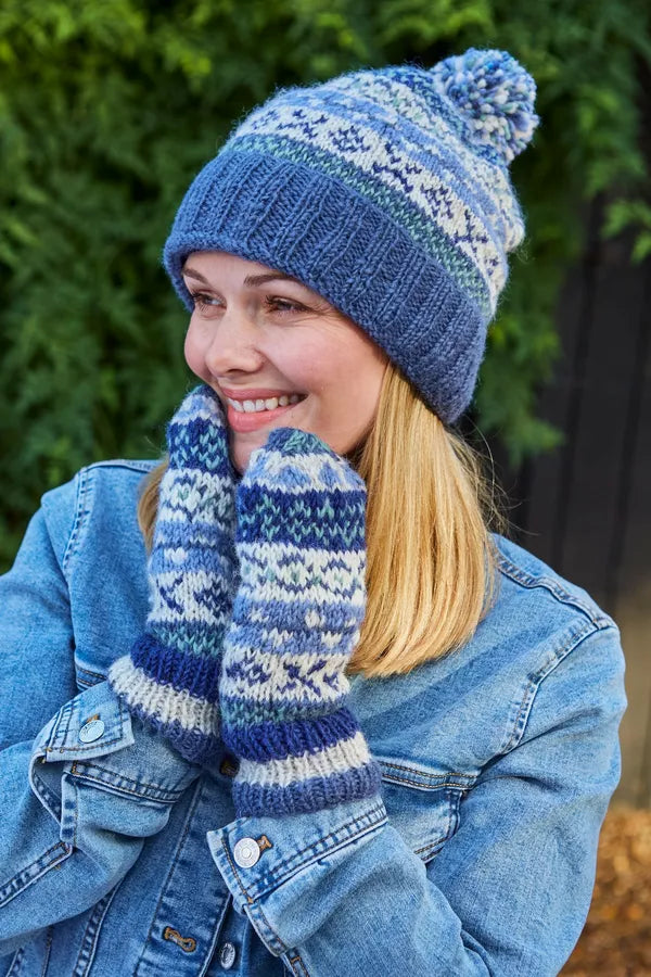 Pachamama Classic Fairisle Roll Back Bobble Beanie Denim
