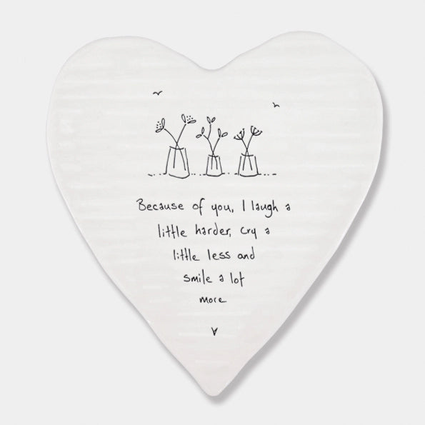 East Of India Porcelain Heart Coaster 'Because Of You'