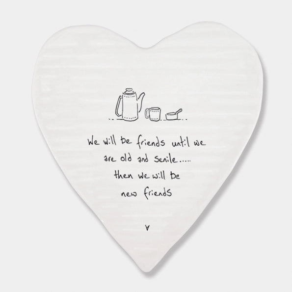 East Of India Porcelain Heart Coaster 'Friends Old & Senile'